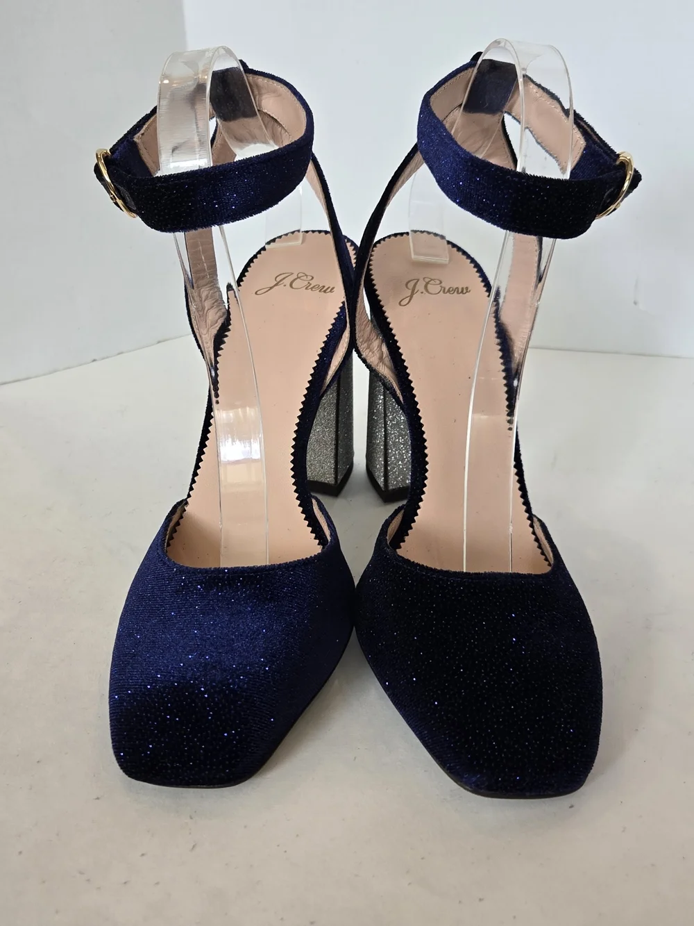 J. Crew Harlow Navy Velvet Ankle-Strap Block Heels Silver Glitter Heel